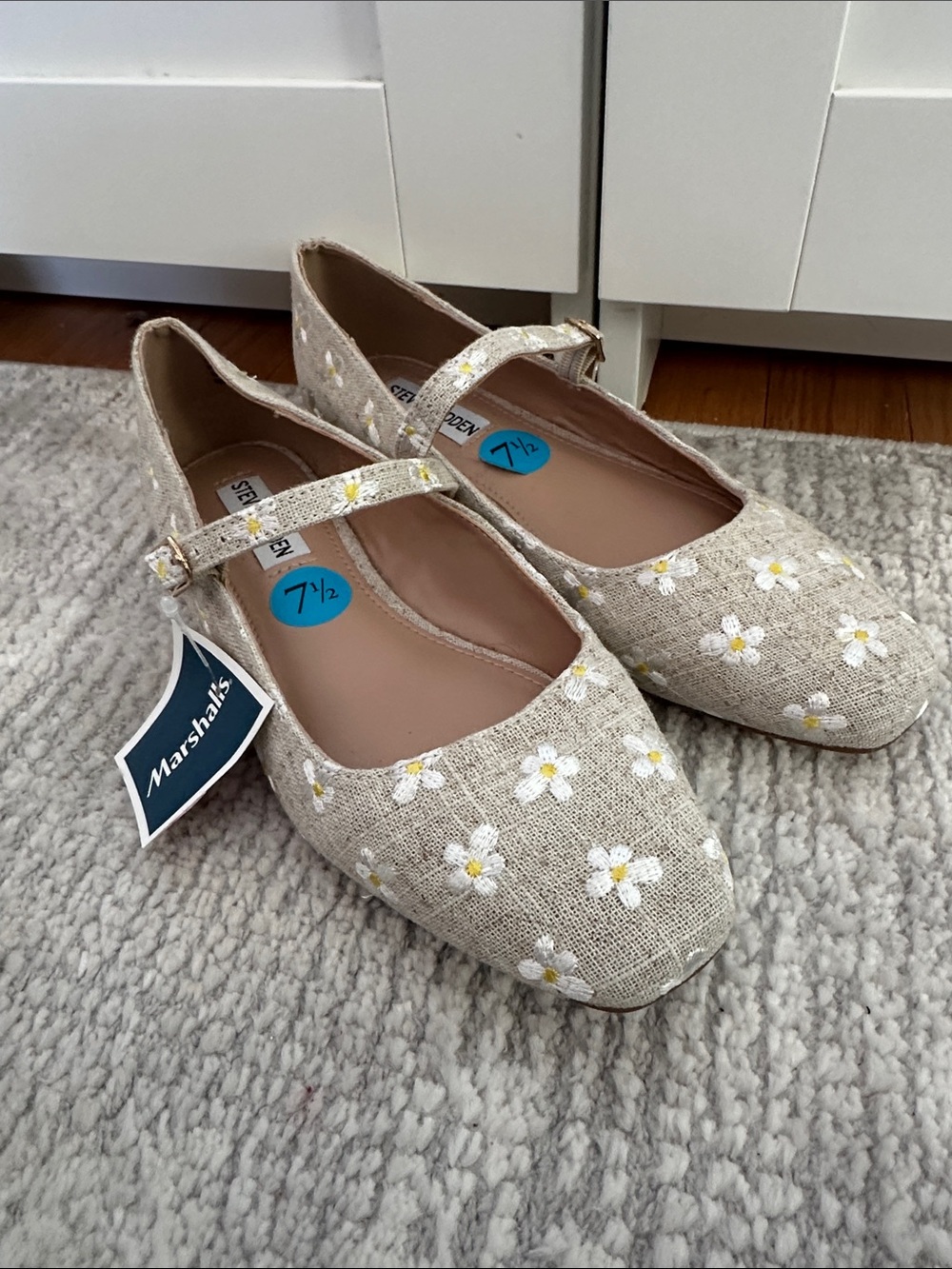 Marshalls Beige Floral Mary Jane Flats with White Daisy Embroidery